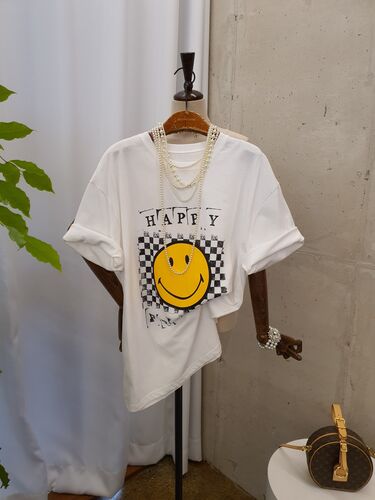 [봄신상 무배] 해피바둑 스마일 프린팅 루즈핏 라운드 반팔 티셔츠