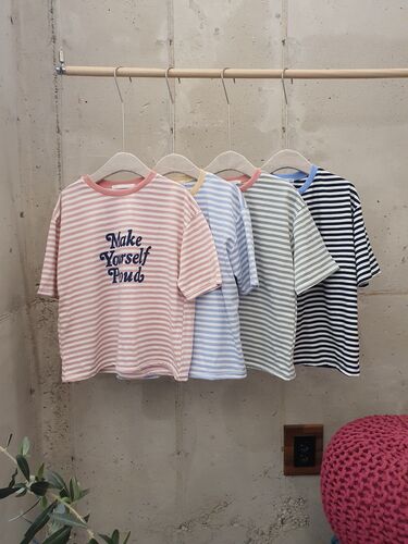 [1+1봄신상 무배] 메이크유 레터링 컬러 배색 단가라 라운드 티셔츠