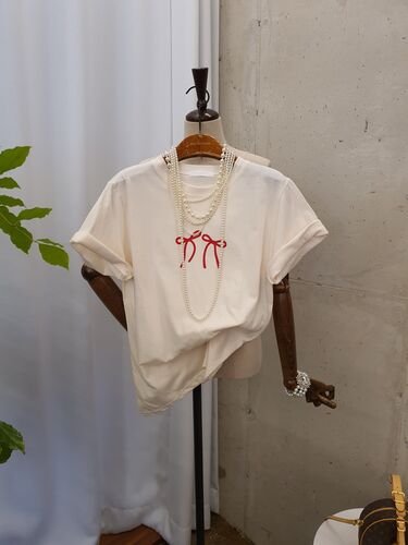[1+1봄신상 무배] 네안 더블 리본 라운드 반팔 티셔츠