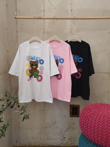 [봄신상 무배] 플라워베어 프린팅 오버핏 라운드 반팔 티셔츠